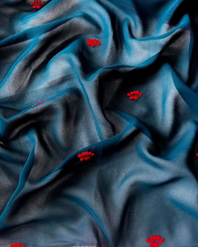 Georgette Saree With Thread Embroidery Work and Piping Border - Peacock Blue