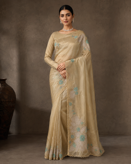 Soft Orznga Saree  With Applique Work  and Scallop Border - Yerllow