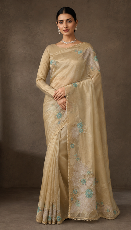 Soft Orznga Saree  With Applique Work  and Scallop Border - Yerllow