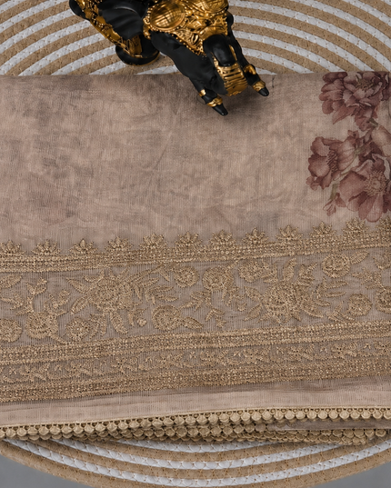 Silk Kota Saree with Floral Print and Thread Embroidery work Border with Lace - Tan
