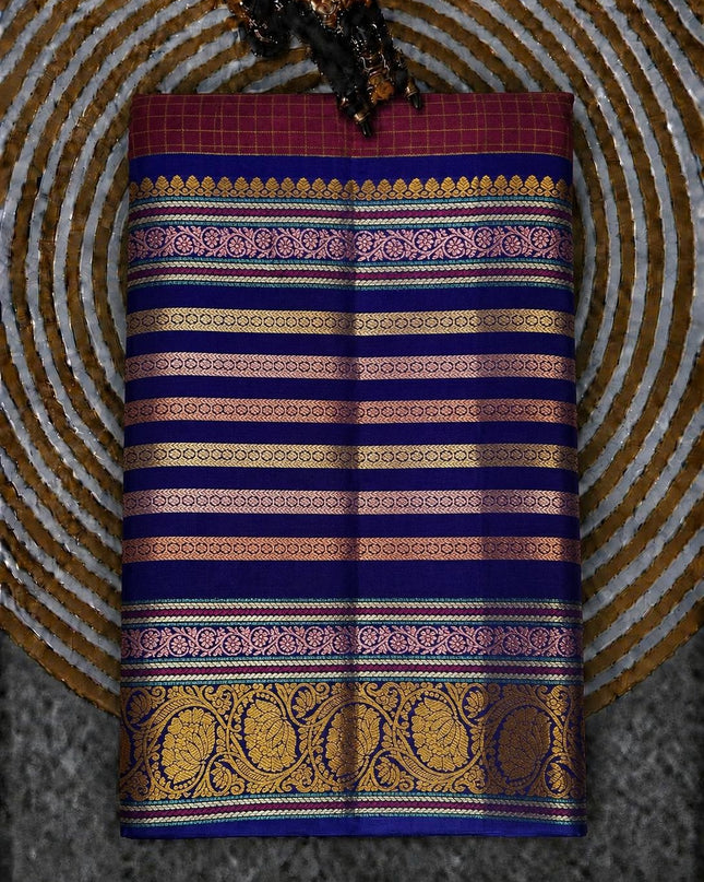 Pure Pattu Saree With Golden Check Weaving and Flower Buttes and Gap Border - Maroon