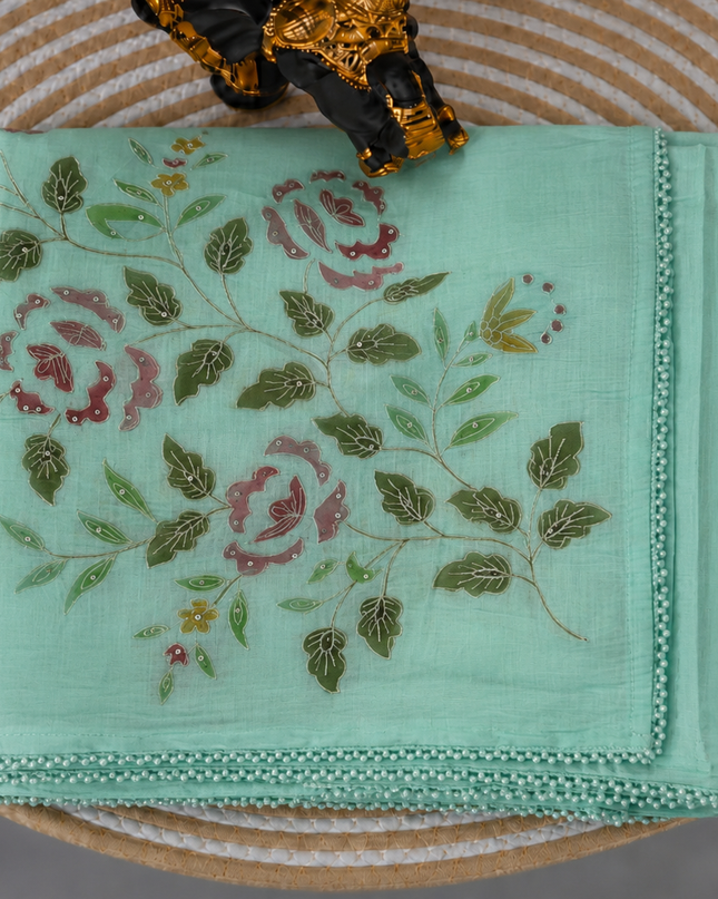 Mul  chanderi saree with  Foral Print and  Ari Work Pearl Border -Light Blue