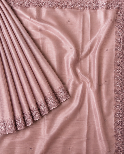 Malai Chanderi Saree with Allover small mirror work and  Thread Embroidery  Scallop Border  - Onion Pink