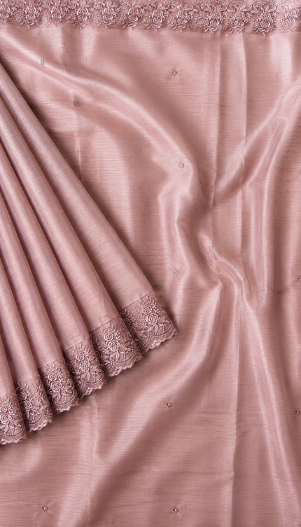 Malai Chanderi Saree with Allover small mirror work and  Thread Embroidery  Scallop Border  - Onion Pink