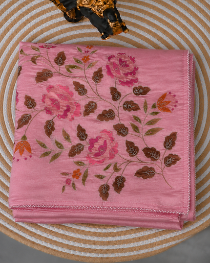 Mul  chanderi saree with  Foral Print and  Ari Work Pearl Border - Pink