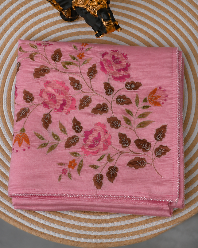 Mul  chanderi saree with  Foral Print and  Ari Work Pearl Border - Pink