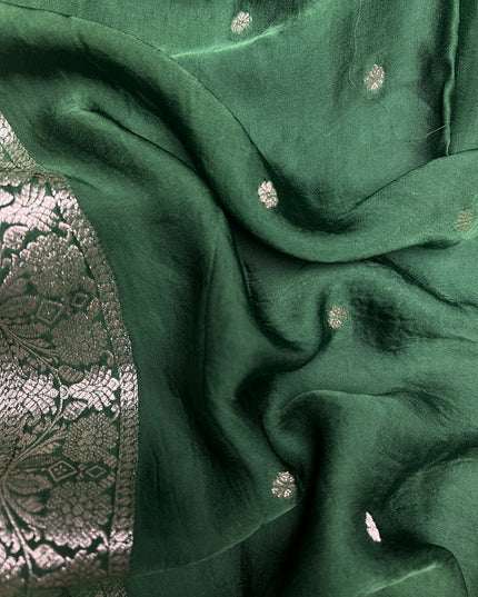 Mashru Banaras saree with Silver butties and Silver Kaddi border - Bottle Green