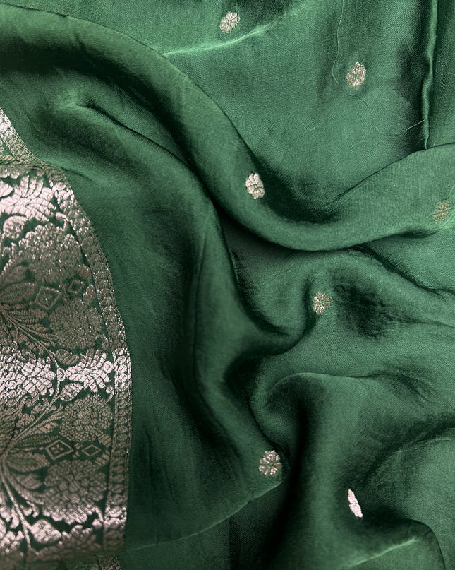 Mashru Banaras saree with Silver butties and Silver Kaddi border - Bottle Green