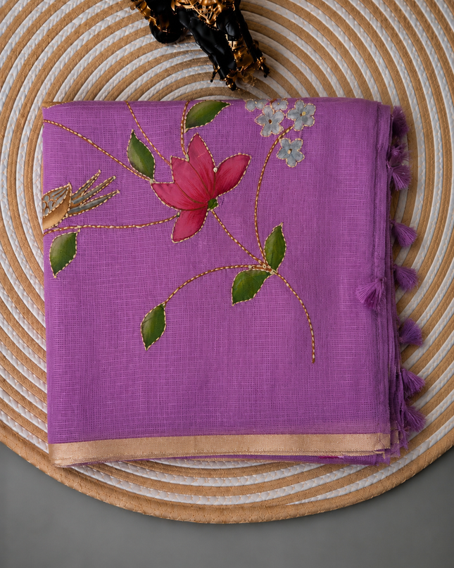 Kota Silk Saree with All over Thread Weaving Flower Butties and Golden Border - Purple