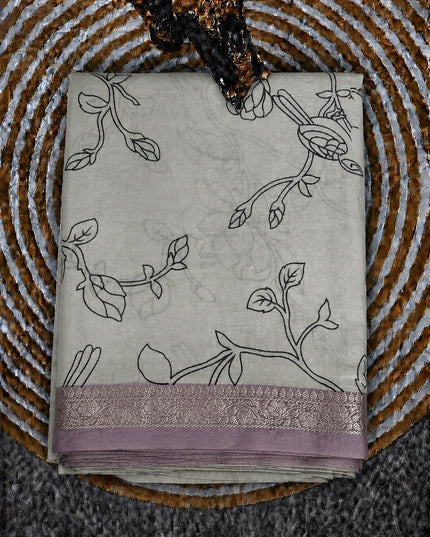 Mul Tissue Saree With Floral Print Small Kanchi Border- White & Lavender