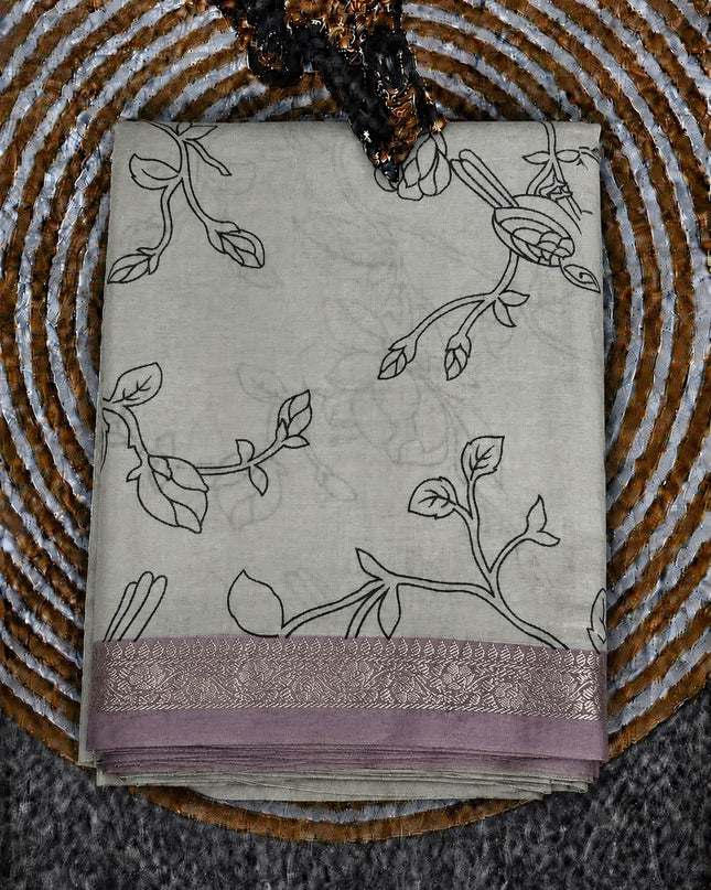 Mul Tissue Saree With Floral Print Small Kanchi Border- White & Lavender