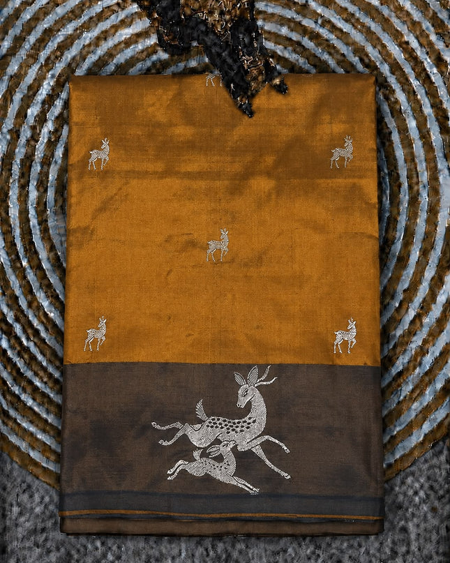 Kathan Silk Saree With All over Silver  Zari Buttes and Silver Zari Weaving Border - Light Orange