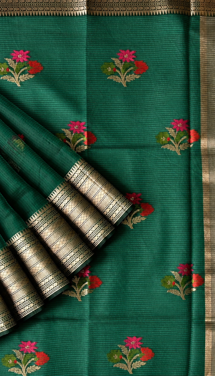 Kota Silk Saree with All over Thread Weaving Flower Butties and Golden Border - Green