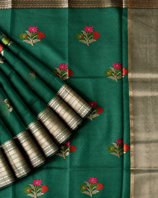 Kota Silk Saree with All over Thread Weaving Flower Butties and Golden Border - Green