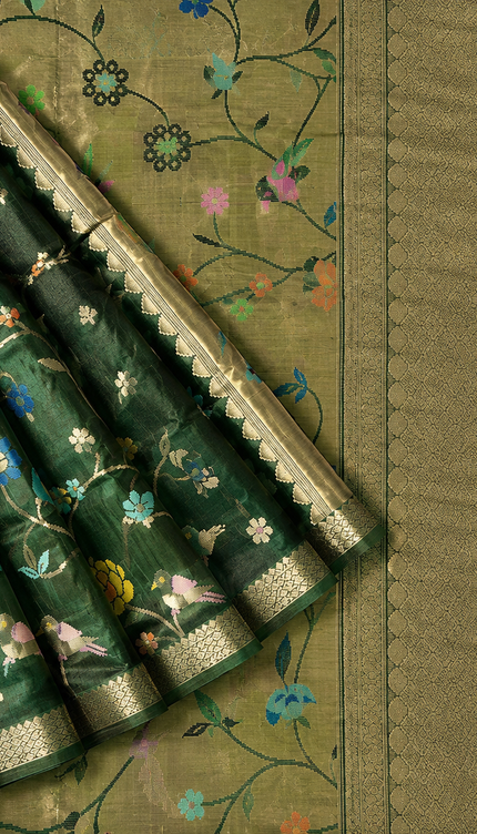 Chanderi  Silk Saree with All over Jamdani weaving style and Golden Zari Border - Green