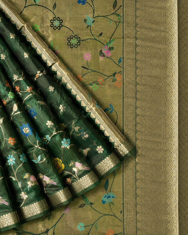 Chanderi  Silk Saree with All over Jamdani weaving style and Golden Zari Border - Green
