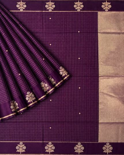Cotton Chanderi Jamdani Saree withfloral Print Golden Border - Purple