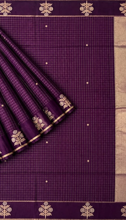 Cotton Chanderi Jamdani Saree withfloral Print Golden Border - Purple