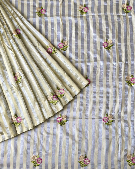 Chanderi Tissue Saree with Floral Thread Motif -  Light Lemon Yellow