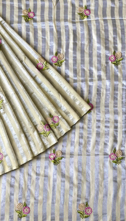 Chanderi Tissue Saree with Floral Thread Motif -  Light Lemon Yellow