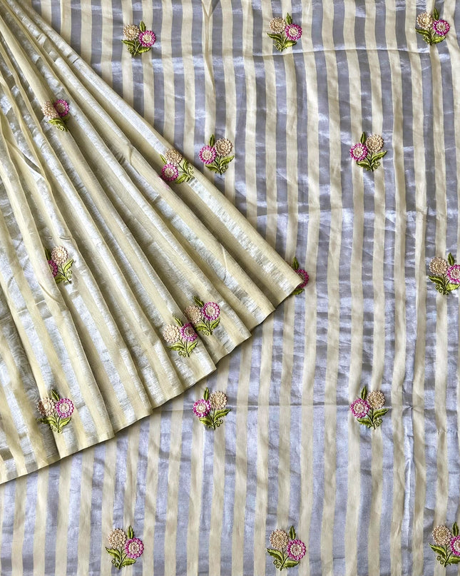Chanderi Tissue Saree with Floral Thread Motif -  Light Lemon Yellow