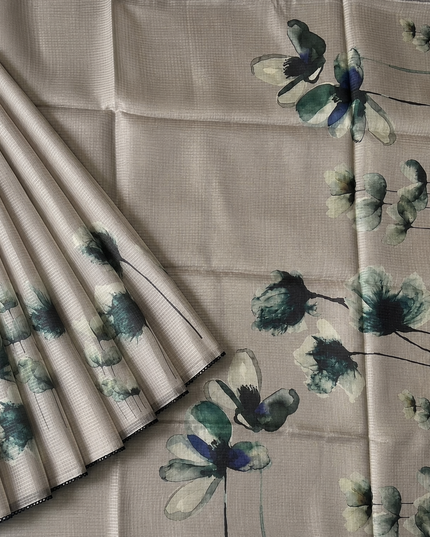 Silk Kota Saree with Floral Print and Lace  Border-Grey
