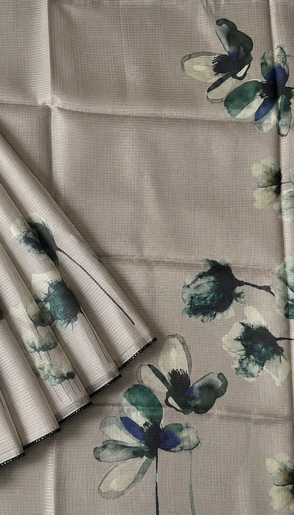 Silk Kota Saree with Floral Print and Lace  Border-Grey