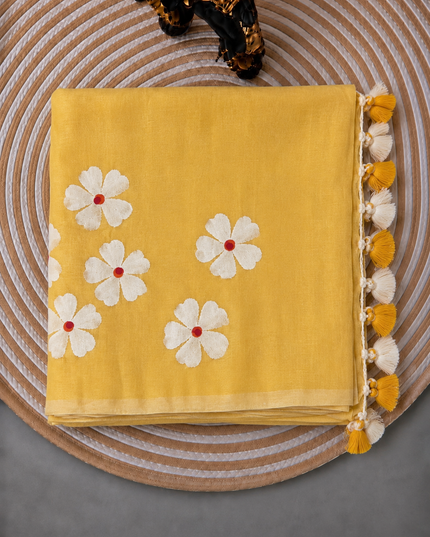 Mul cotton saree and Hand Painting with Tassels-  Mustard