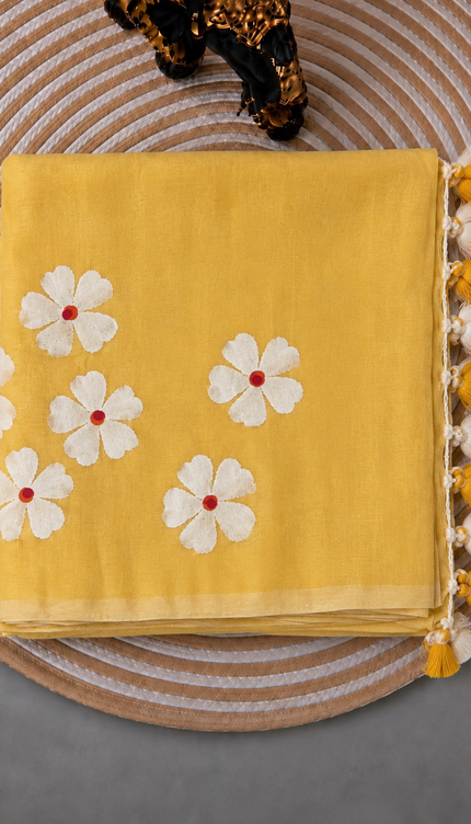 Mul cotton saree and Hand Painting with Tassels-  Mustard