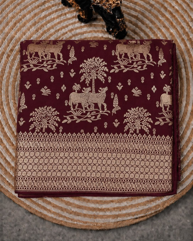 Kathan  Banaras saree with Pichwai  Weaving Buttes Ana Kaddi Border - Maroon