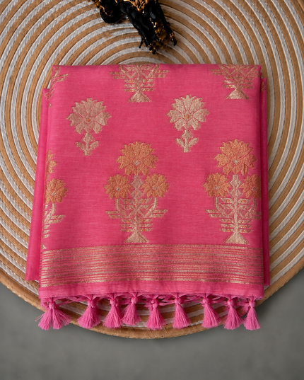 Kora  Silk Saree with Self Weaving Floral Design -  Pink
