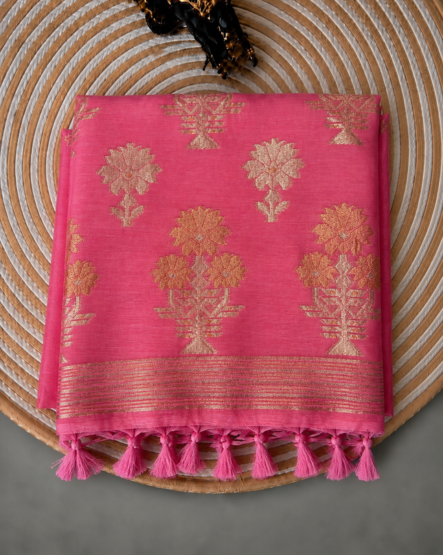 Kora  Silk Saree with Self Weaving Floral Design -  Pink