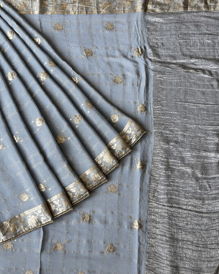 Chinon Crepe Saree With Golden Checks Buttes and Pearl Work Lace Work Border - Grey