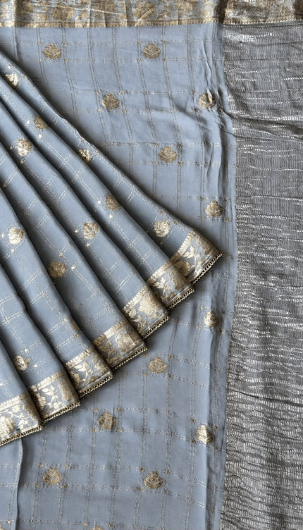 Chinon Crepe Saree With Golden Checks Buttes and Pearl Work Lace Work Border - Grey