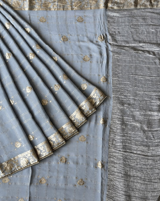 Chinon Crepe Saree With Golden Checks Buttes and Pearl Work Lace Work Border - Grey