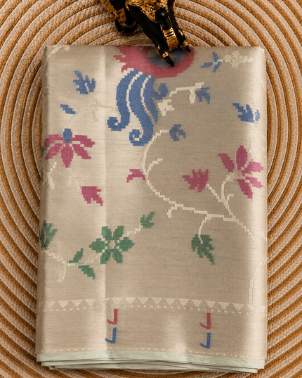 Chanderi  Silk Saree with All over Jamdani weaving style and golden Zari border - Off White
