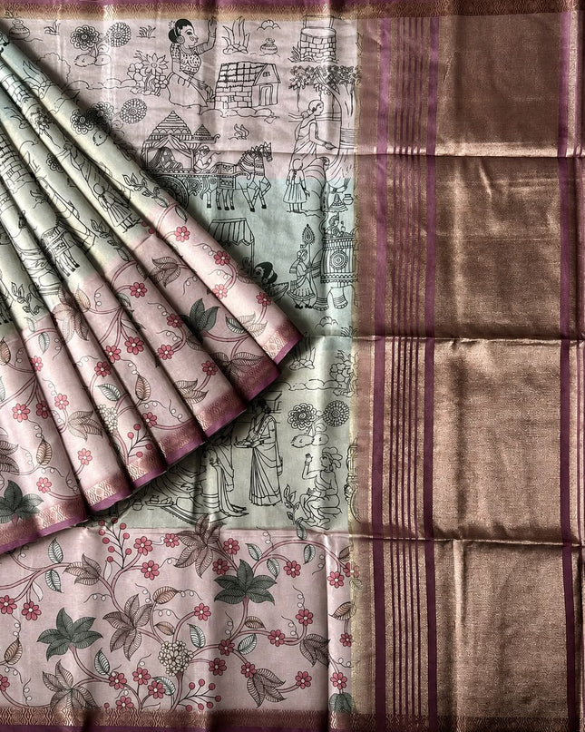 Tusser Tissue Saree With Kalamkari Print and Small Zari Border - Light Pink