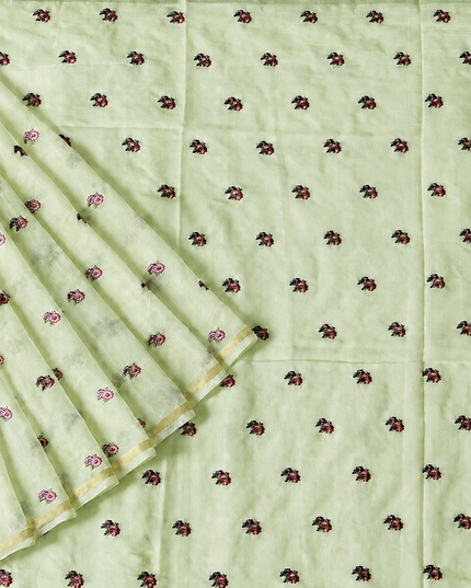 Mul Chanderi saree with Thread Embroidery Butties And Golden Zari Border  - Light Green