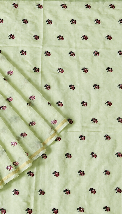 Mul Chanderi saree with Thread Embroidery Butties And Golden Zari Border  - Light Green