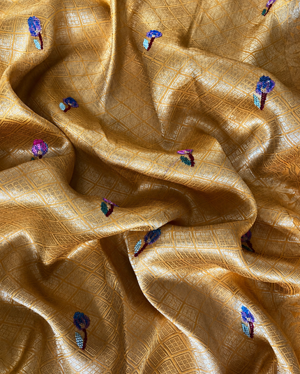 Banaras saree Self Weaving pet point  Work Butties and Kaddi Border - Mustard