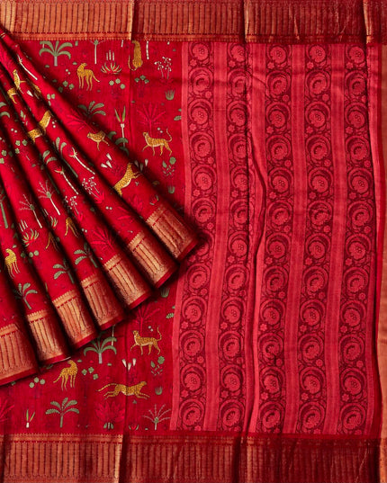 Maheshwari Silk With Shikargah  Print and Antic Zari Border  - Maroon