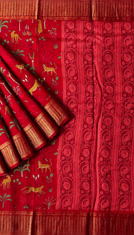 Maheshwari Silk With Shikargah  Print and Antic Zari Border  - Maroon