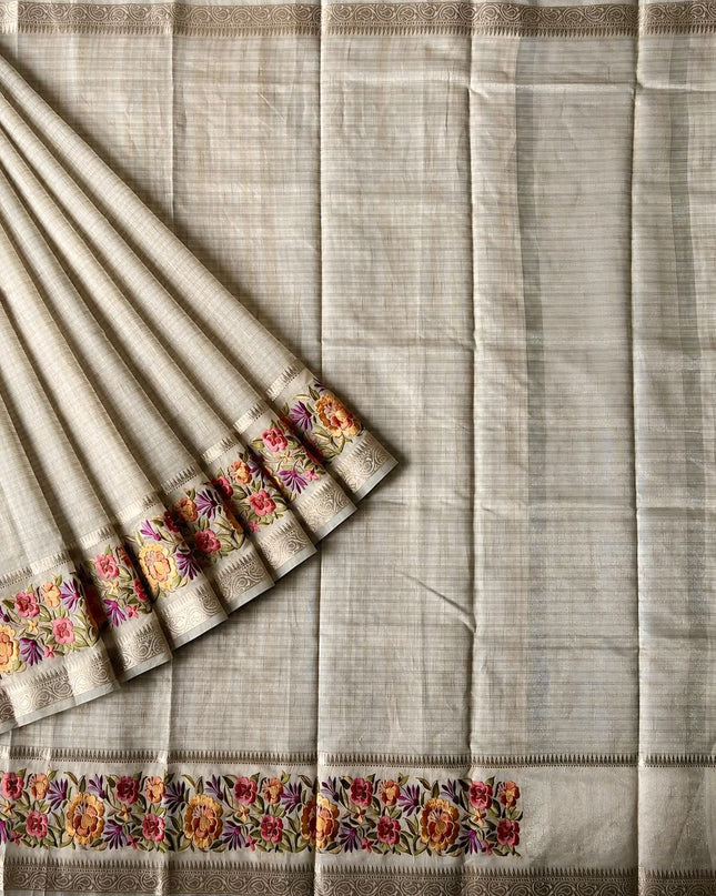 Kora Tusser saree Gap Border with Parce Work Border -  Grey