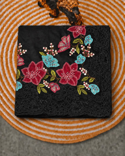 Dupion Silk  Saree with Applique work and Cut work Border - Black