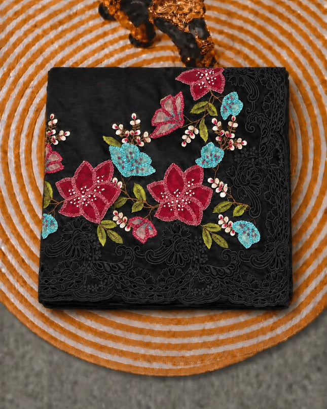Dupion Silk  Saree with Applique work and Cut work Border - Black