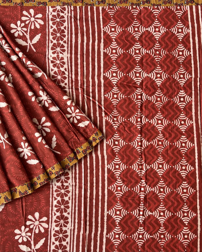 Mul Cotton Saree with Hand Floral Print Border-  Rust