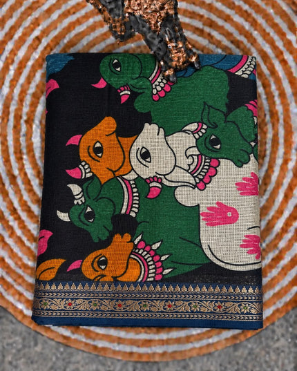 Pure Silk Kota Saree With pichwai Print and Small Kanchi Border - Peacock Blue