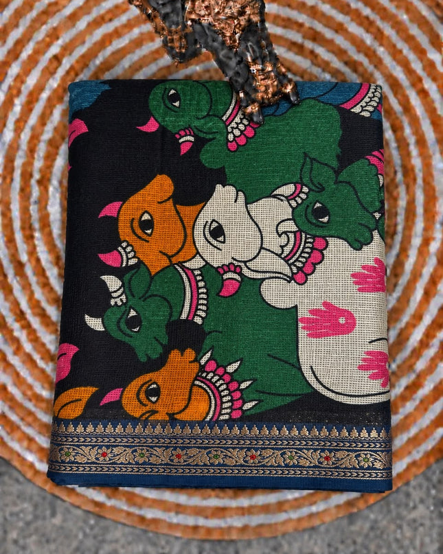 Pure Silk Kota Saree With pichwai Print and Small Kanchi Border - Peacock Blue
