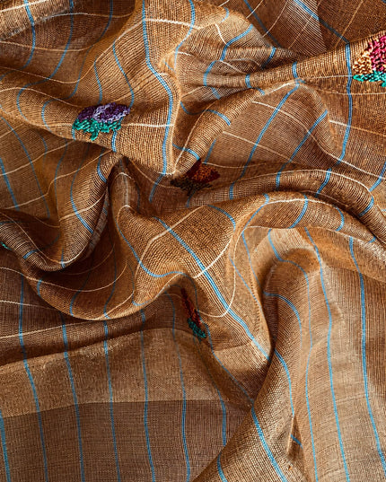 Linen Tissue Saree with Multi Stripes and Pichwai Border - Brown