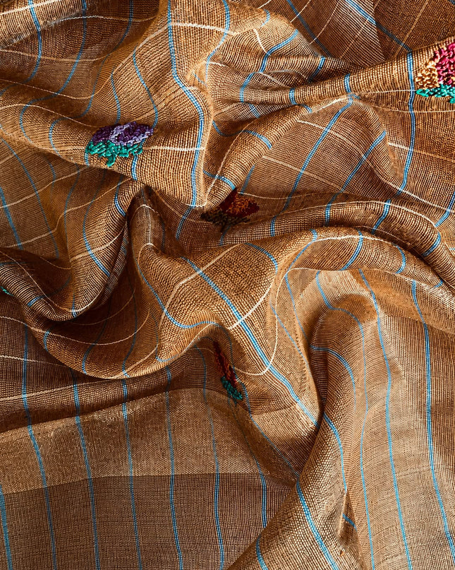 Linen Tissue Saree with Multi Stripes and Pichwai Border - Brown